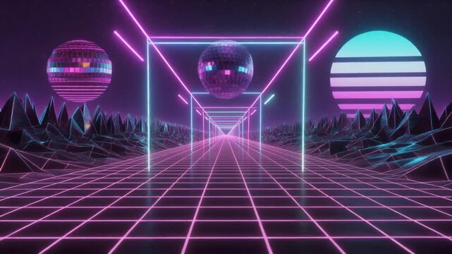 Neon synthwave tunnel flythrough with glowing grid and spheres.
