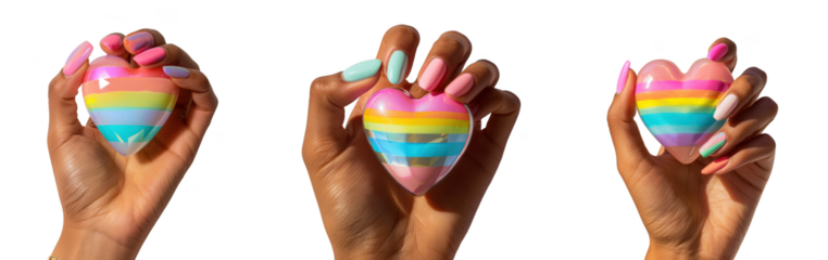 Colorful heart shaped makeup sponges held by hands perfect for beauty visuals on transparent background