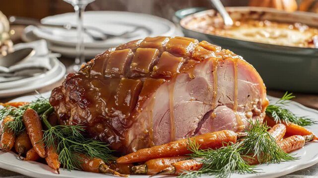 Glazed ham with carrots and herbs on a white plate for dinner 4k video