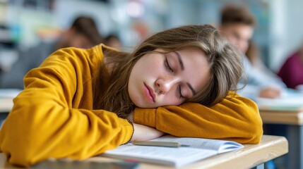 Education training class. Knowledge learning improvement study. A woman wearing a yellow tshirt sleeping on a desk in a classroom, her head resting on a book with a pen beside it.