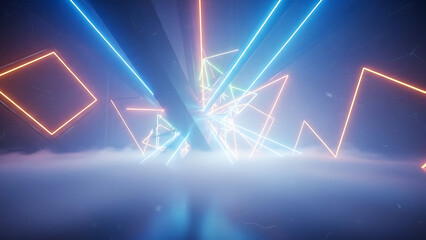 Neon light geometric shapes glowing in dark room with fog isolated on transparent background