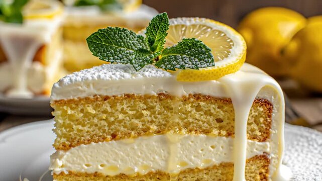 Slice of Lemon Cake with Cream Glaze - This close-up shot features a single slice of lemon cake on a plate, decorated with lemon slices, mint leaves, and a powdered sugar dusting.