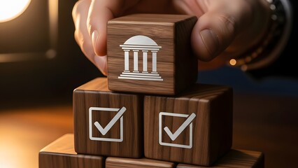 Building governance: hand stacking wooden blocks representing institutions and compliance