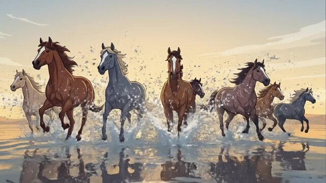 Herd of Wild Horses Galloping Through Water at Sunset Illustration