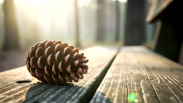 Pine Cone on Wooden Bench in Forest Sunlight.