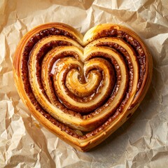 Fototapeta premium Heart Shaped Cinnamon Roll on Crumpled Brown Paper Background