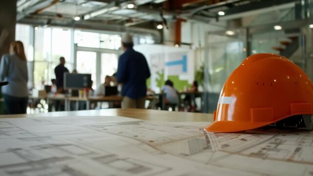 The orange helmet on construction drawings symbolises safety, making it a suitable background for presentations on work ethics or architectural projects.
