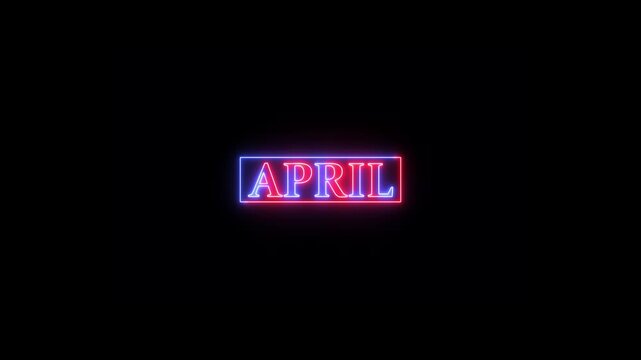 April text icon animation with neon glowing frame on black background. Red and blue neon month name moving animation.