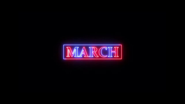 March text icon animation with neon glowing frame on black background. Red and blue neon month name moving animation.