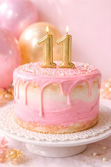 Pink birthday cake with gold candles on a decorative stand