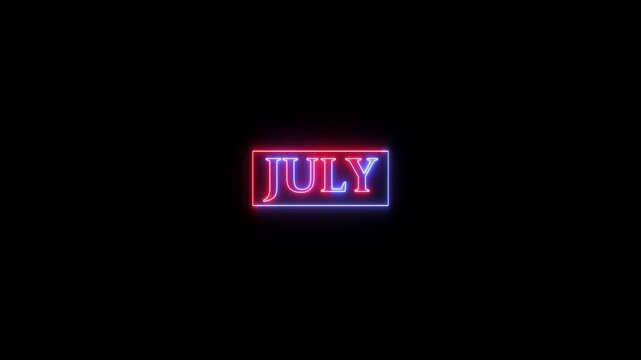 July text icon animation with neon glowing frame on black background. Red and blue neon month name moving animation.