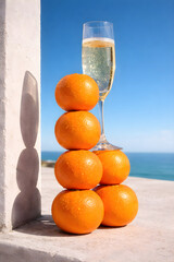 Oranges stacked with champagne flute on stone ledge