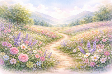 Obraz premium A Winding Dirt Path Through a Vibrant Meadow of Wildflowers and Distant Mountains
