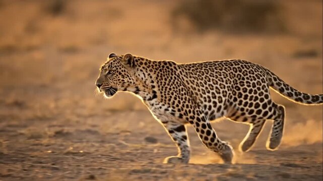 Leopard Galloping Fast Across Savanna Dust at Golden Hour