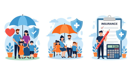 Fototapeta premium Health and life insurance concept, Family standing under insurance umbrella, Man fills out health insurance form, set flat vector modern illustration 