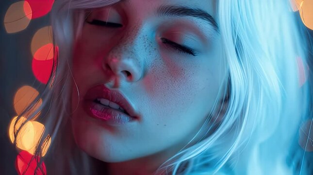 A close-up portrait of a woman with short, wavy platinum hair and pale skin, illuminated by neon lights