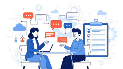 HR manager with employee at interview and business flow chart. Employee assessment software, HR company system, employee check programme concept, flat vector modern illustration