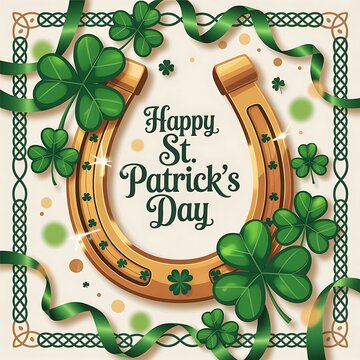 Golden horseshoe and vibrant clovers celebrate a joyful st patrick s day