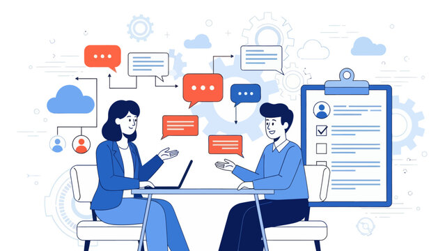 HR manager with employee at interview and business flow chart. Employee assessment software, HR company system, employee check programme concept, flat vector modern illustration