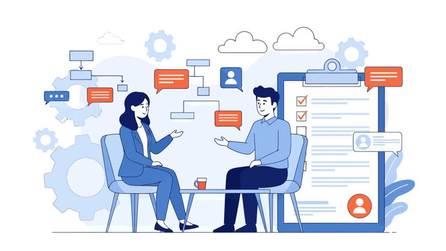 HR manager with employee at interview and business flow chart. Employee assessment software, HR company system, employee check programme concept, flat vector modern illustration