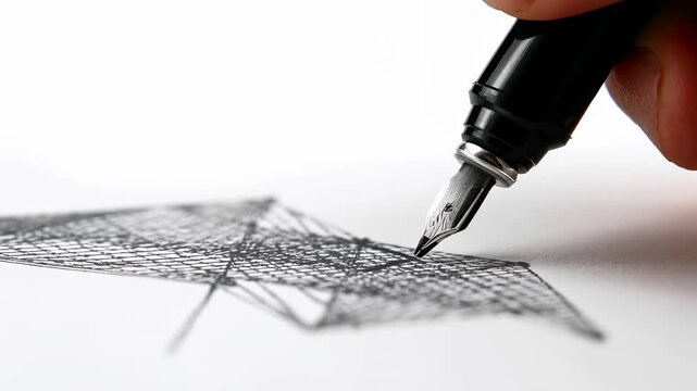 Starting with fountain pen nib, hand making dense crosshatch on paper at desk, copy space