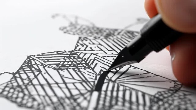 Touching nib, artist hand guiding black dip pen across white paper, creating geometric cross-hatch