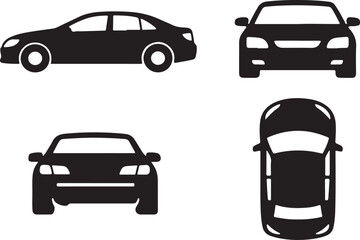 Modern Sedan Car Vector Icon Set - Four Black Silhouettes: Side Profile, Front, Rear, and Top Views. Essential graphic assets for logistics, maps, UI, and automobile design applications.