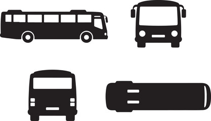 Comprehensive Bus Silhouette Vector Icon Set: Four Different Views (Side, Front, Back, Top) for Public Transportation, Commuting, and Travel App UI/UX Design Assets