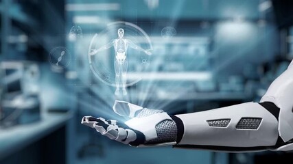 Close up of robotic hand open palm of hand with human anatomy holographic floating. Robot hand presenting x ray holographic while accessing and connecting with data to diagnosis symptom. Salubrious. - Powered by Adobe