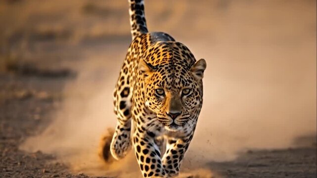 Leopard Running Kicking Up Dust on African Savannah at Sunset