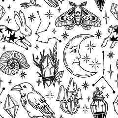 Mystical seamless pattern. Vintage magic background. Hand drawn occult witchcraft elements, gemstones, raven, rabbit, moon, crystals. Halloween esoteric vector print