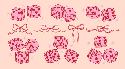 Pink dice with red hearts. Lucky love symbols. Retro aesthetic game cube with different sides. Doodle cute girly coquette Valentines playing cubes with stars. Vector collection