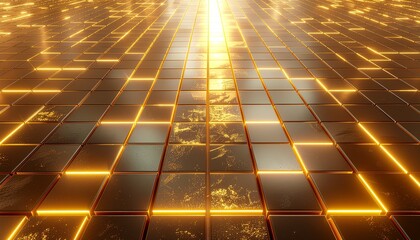 Golden grid with bright light emanating from the top creating a maze-like pattern of illuminated lines and shadowed areas