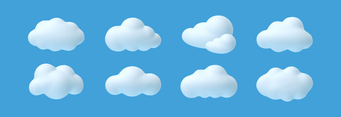 3D cloud. Render sky elements. Cartoon cute bubbled clouds on blue sky. Cute white cumulus, puffy, fluffy cloudy shape. Realistic smoke weather object. Meteorology vector icons