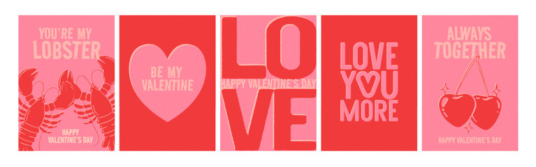 Valentines Day poster. Abstract love banner. Romantic red greeting cards, pink templates with typography, text, hearts, lobsters, cherry. Minimalistic background. Vector set