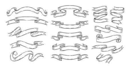 Hand drawn ribbons. Vintage ribbon flags. Doodle empty banners, decorative text header, scroll frame, title for lettering. Sketch outline medieval decor elements. Vector set