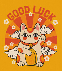 Maneki Neko. Lucky cat. Cartoon fortune Asian animals, cute kitten talisman, Japanese Kawaii amulet, success and prosperity symbol. Good luck concept. Vector greeting banner