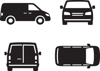 Comprehensive Cargo Van Silhouette Vector Set: Four Views (Side, Front, Back, Top) Icons for Logistics, Delivery Services, Commercial Transport, and Automotive Design Graphics