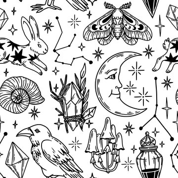 Mystical seamless pattern. Vintage magic background. Hand drawn occult witchcraft elements, gemstones, raven, rabbit, moon, crystals. Halloween esoteric vector print