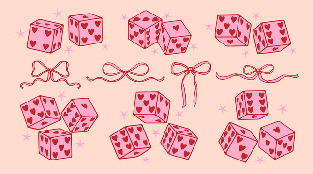 Pink dice with red hearts. Lucky love symbols. Retro aesthetic game cube with different sides. Doodle cute girly coquette Valentines playing cubes with stars. Vector collection