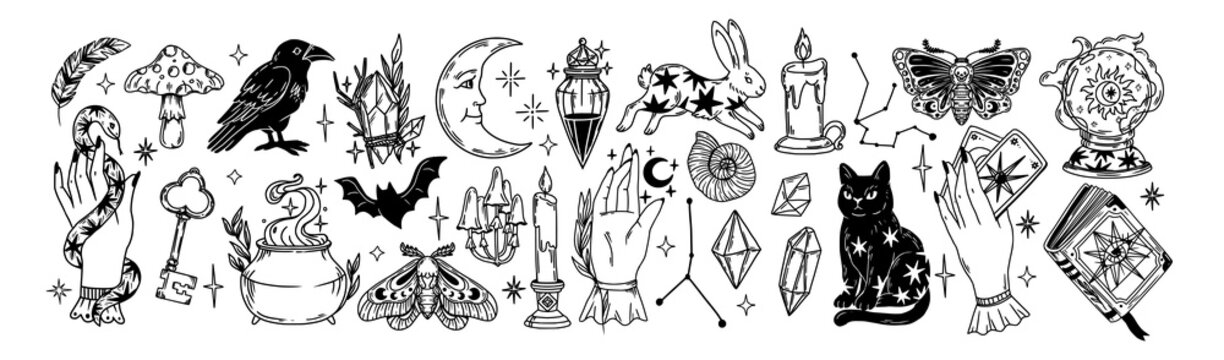 Magic elements. Mystical Halloween sticker. Hand drawn boho esoteric crystals, witch hands, magician book, cat, magical star, female mystical symbols. Vector set