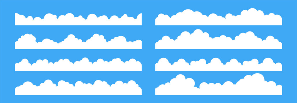 Cloud border. Simple cloudy shapes divider. Flat long section with white puffy cumulus clouds in blue sky. Abstract weather elements banner. Vector cloudscape background