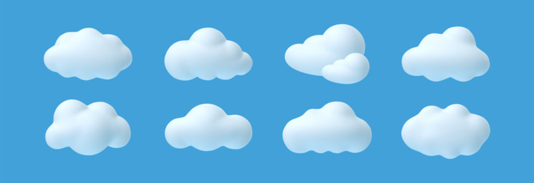 3D cloud. Render sky elements. Cartoon cute bubbled clouds on blue sky. Cute white cumulus, puffy, fluffy cloudy shape. Realistic smoke weather object. Meteorology vector icons