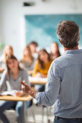 Education training class. Knowledge learning improvement study. A man wearing a blue shirt and jeans standing in front of a classroom full of students seated at desks, each holding a book.