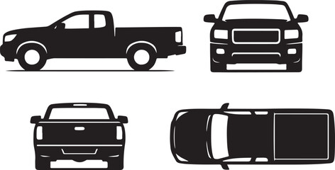 Comprehensive Pickup Truck Vector Silhouette Set: Four Views (Side, Front, Rear, Top) for Automotive Design, Blueprint Graphics, and Transportation Icons - Customizable EPS & SVG