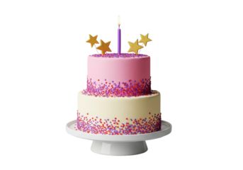 Two-tiered cake with smooth pink and creamy white icing, red and purple confetti sprinkles, a lit purple candle, and gold stars on a white stand against gray background. Birthday celebration