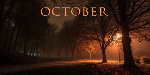 Dark autumn artistic birthday, burnt orange and brown tones, moody lighting, &ldquo;OCTOBER&rdquo; written in tall elegant serif typography, cinematic shadows