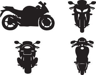 Sport Motorcycle Silhouette Vector Set: Dynamic Collection of Superbike Icons Including Side, Front, and Top Views for Racing, Transportation, and Motorbike Club Logos