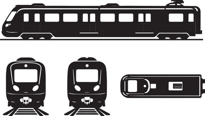Modern Electric Commuter Train Vector Silhouette Icon Set: Multiple Views (Side, Front, Top) of Urban Subway and Light Rail Transit for High-Speed Public Transportation Graphics