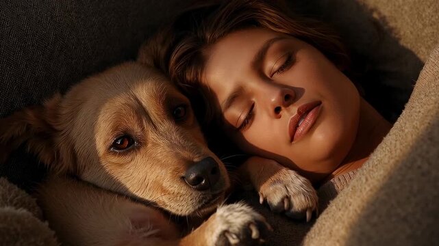 Sunlight rousing dog, opening eyes and lifting paw onto woman resting in knit sweater under blanket